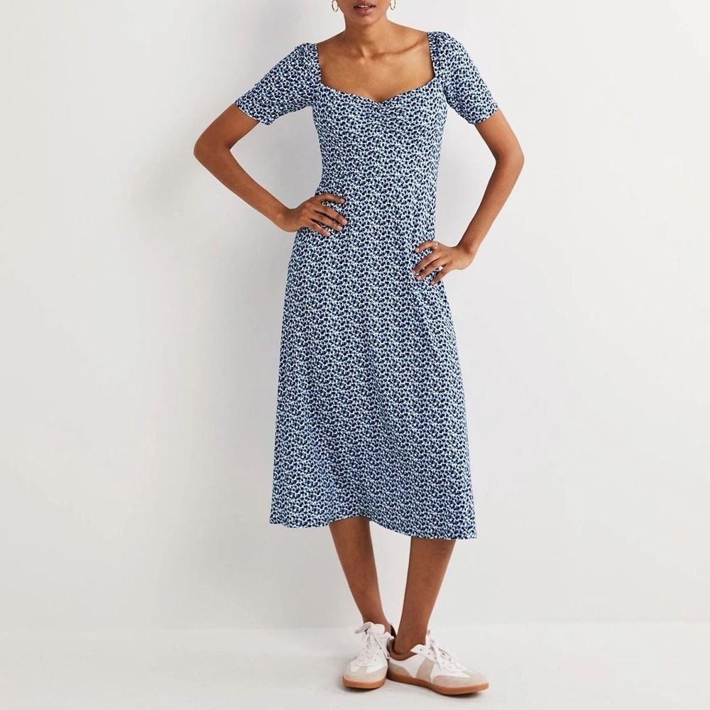 Boden Dress Sweetheart Jersey Midi Blue Printed Short Sleeve Womens 6 Regular